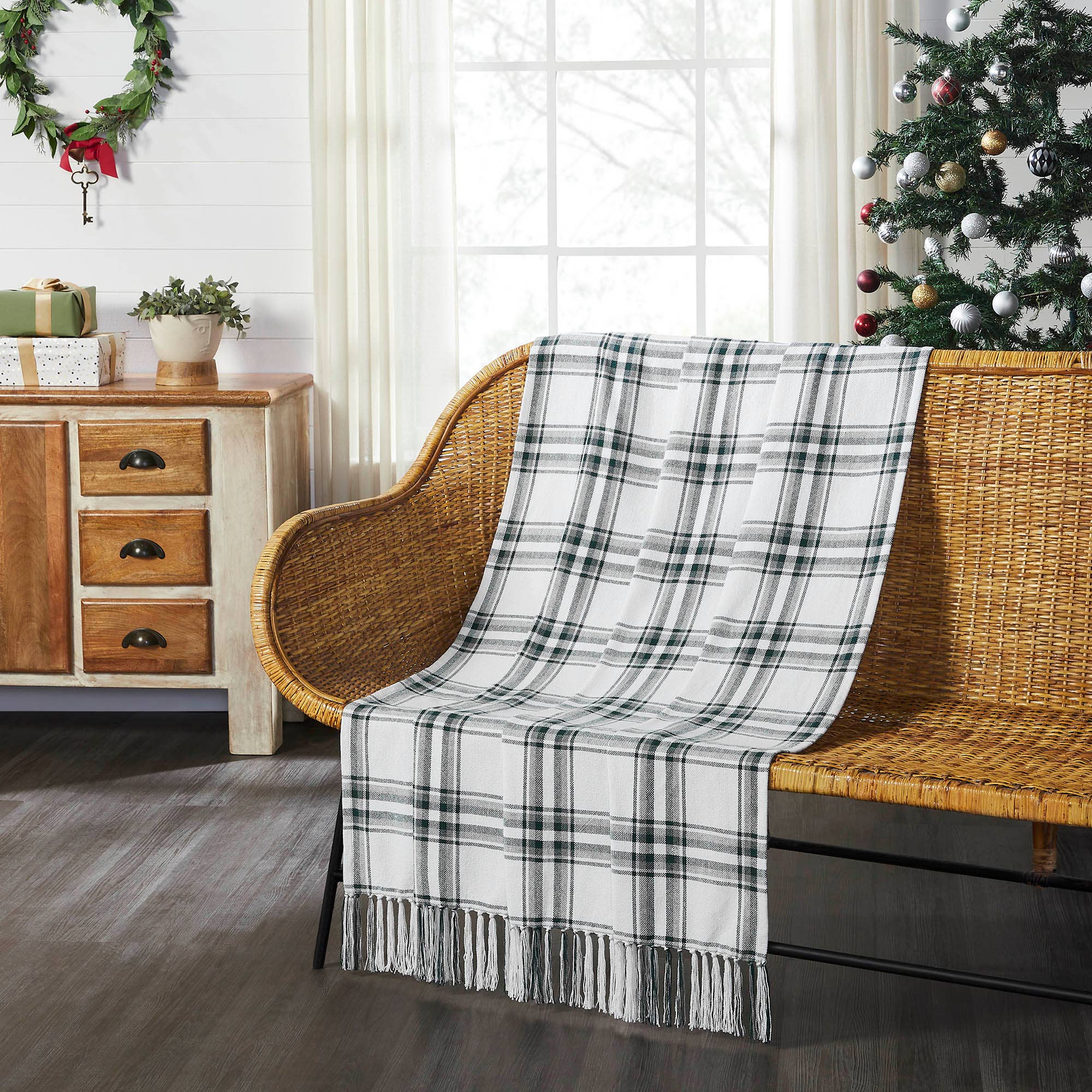 Harper Plaid Green White Woven Throw 50x60