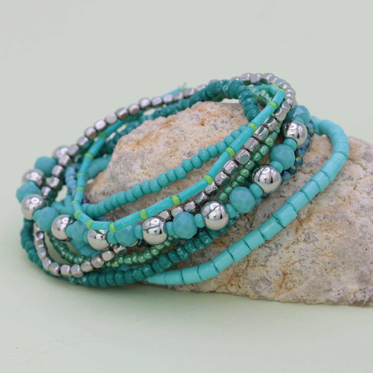 Ocean Tones Blue Green Bead Bracelet Set