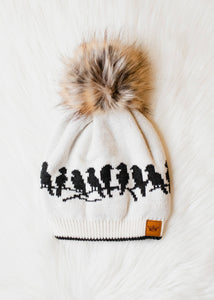 Beige & Charcoal Bird Pattern Pom Hat