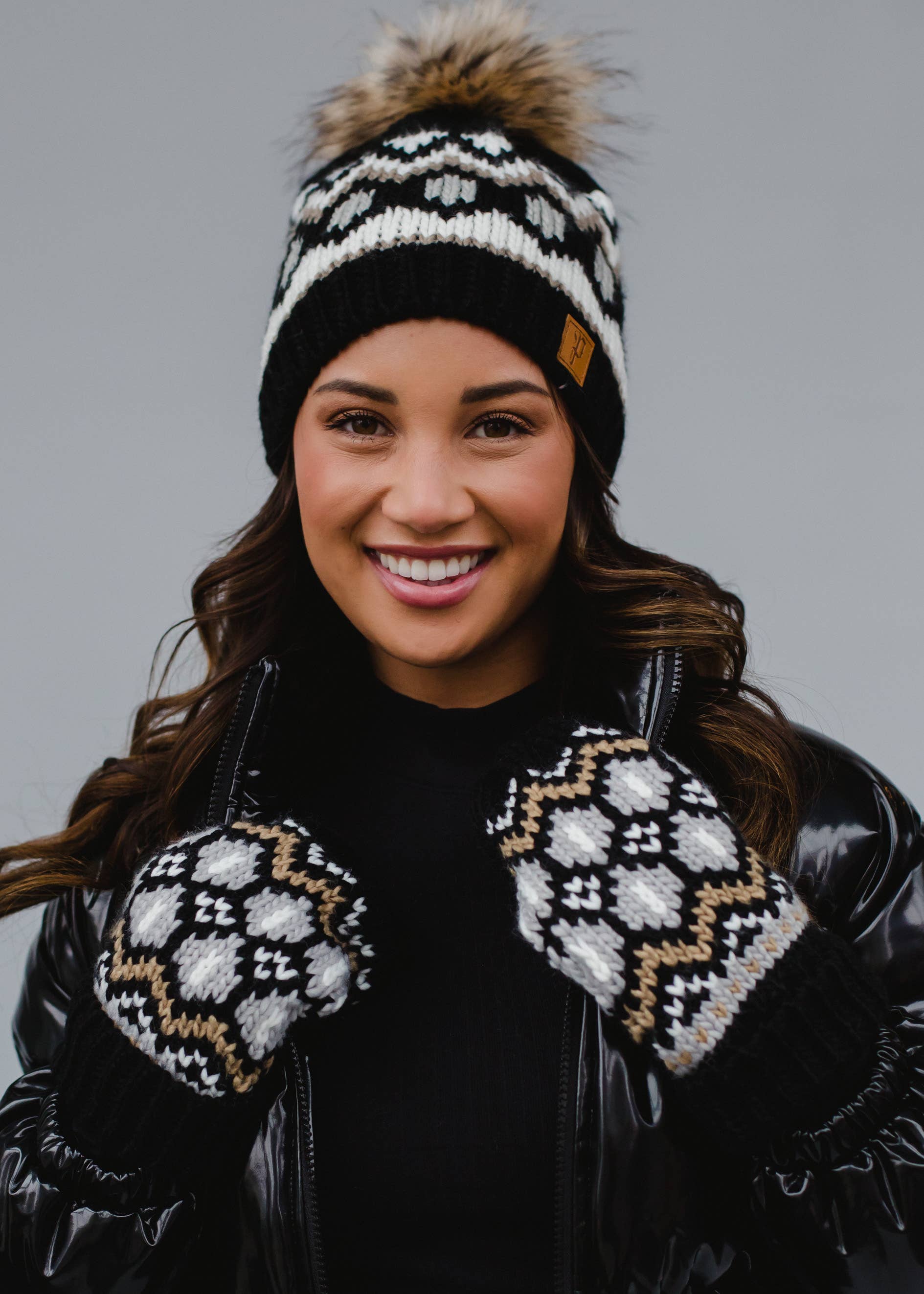 Black, White & Tan Patterned Pom Hat