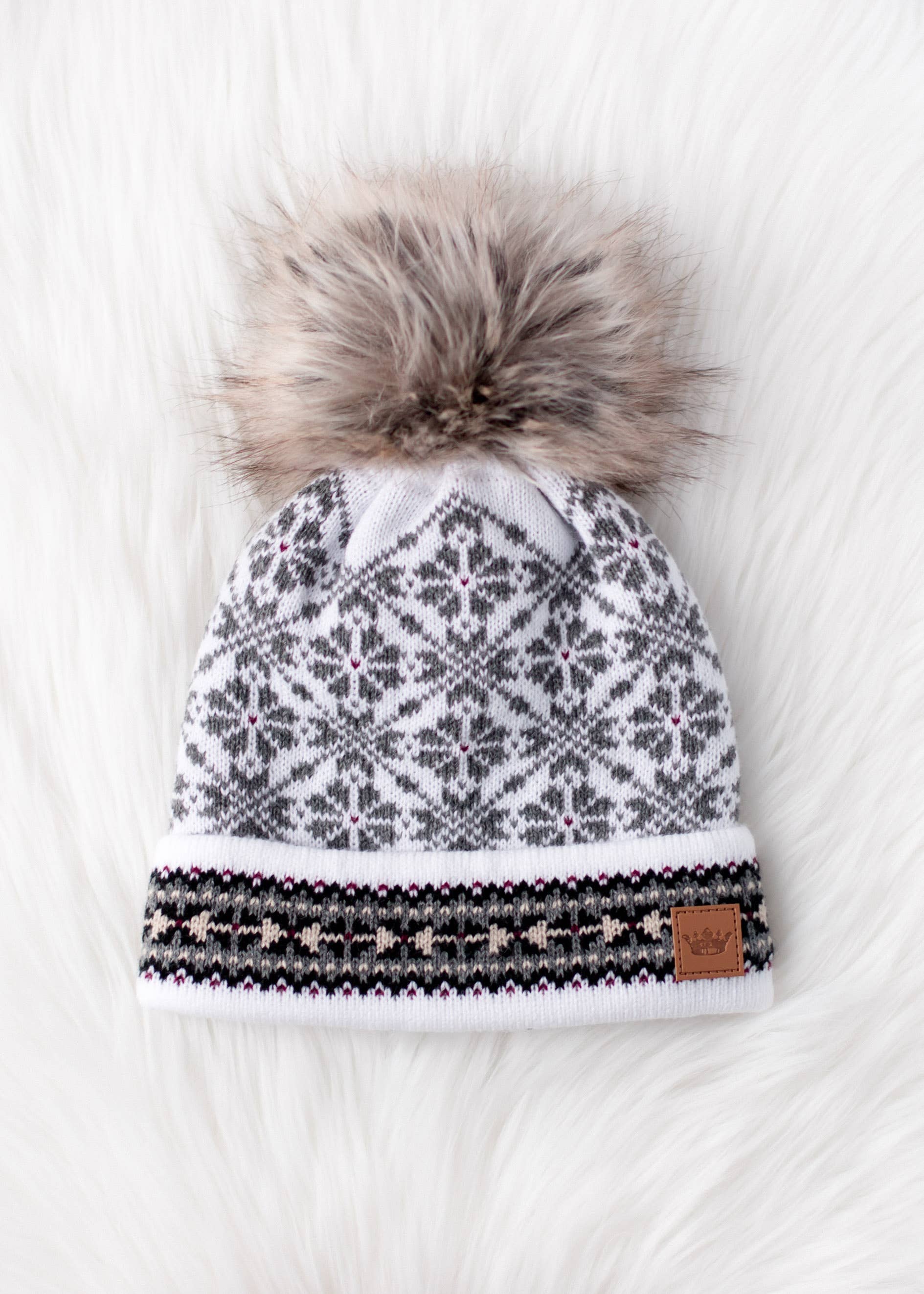 White, Gray & Burgundy Patterned Pom Hat