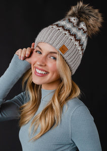 Taupe, Brown & White Winter Pattern Pom Hat