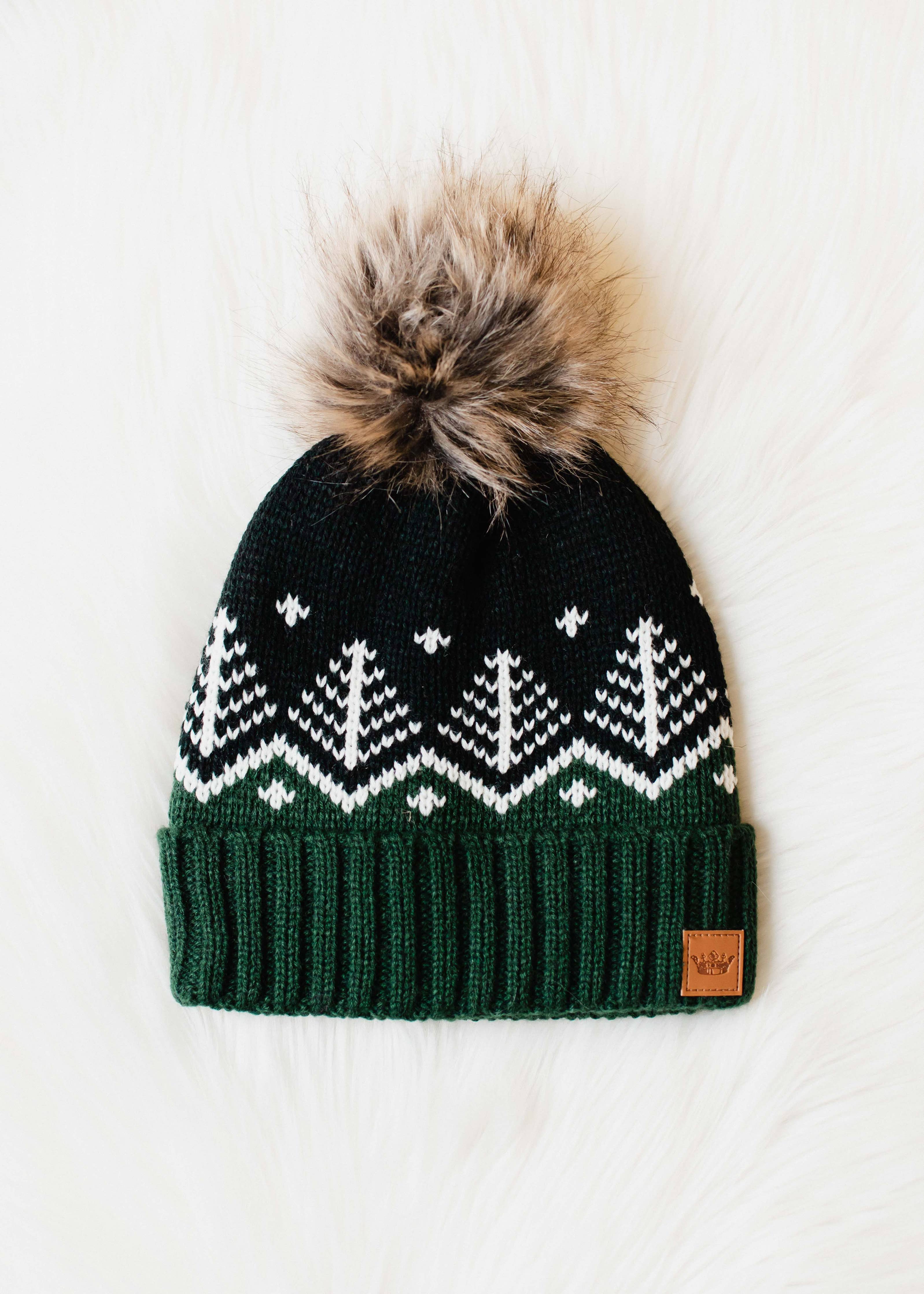 Dk. Green, Black & White Fair Isle Pom Hat