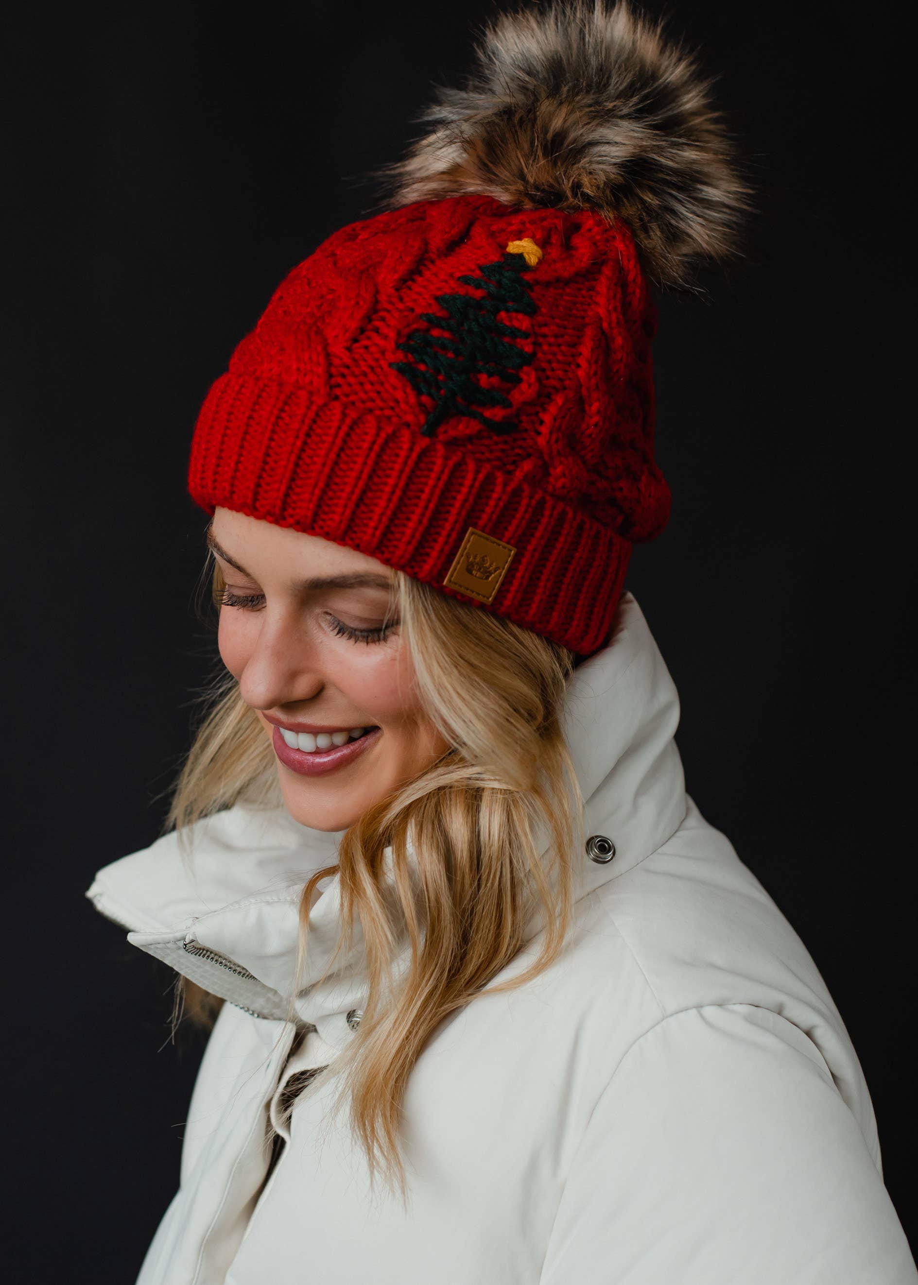 Red Cable Knit Pom Hat w/ Embroidered Tree