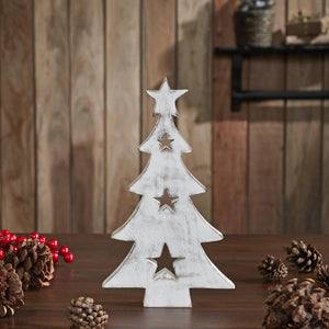 Christmas Tree w/ Stars White Wooden Figurine