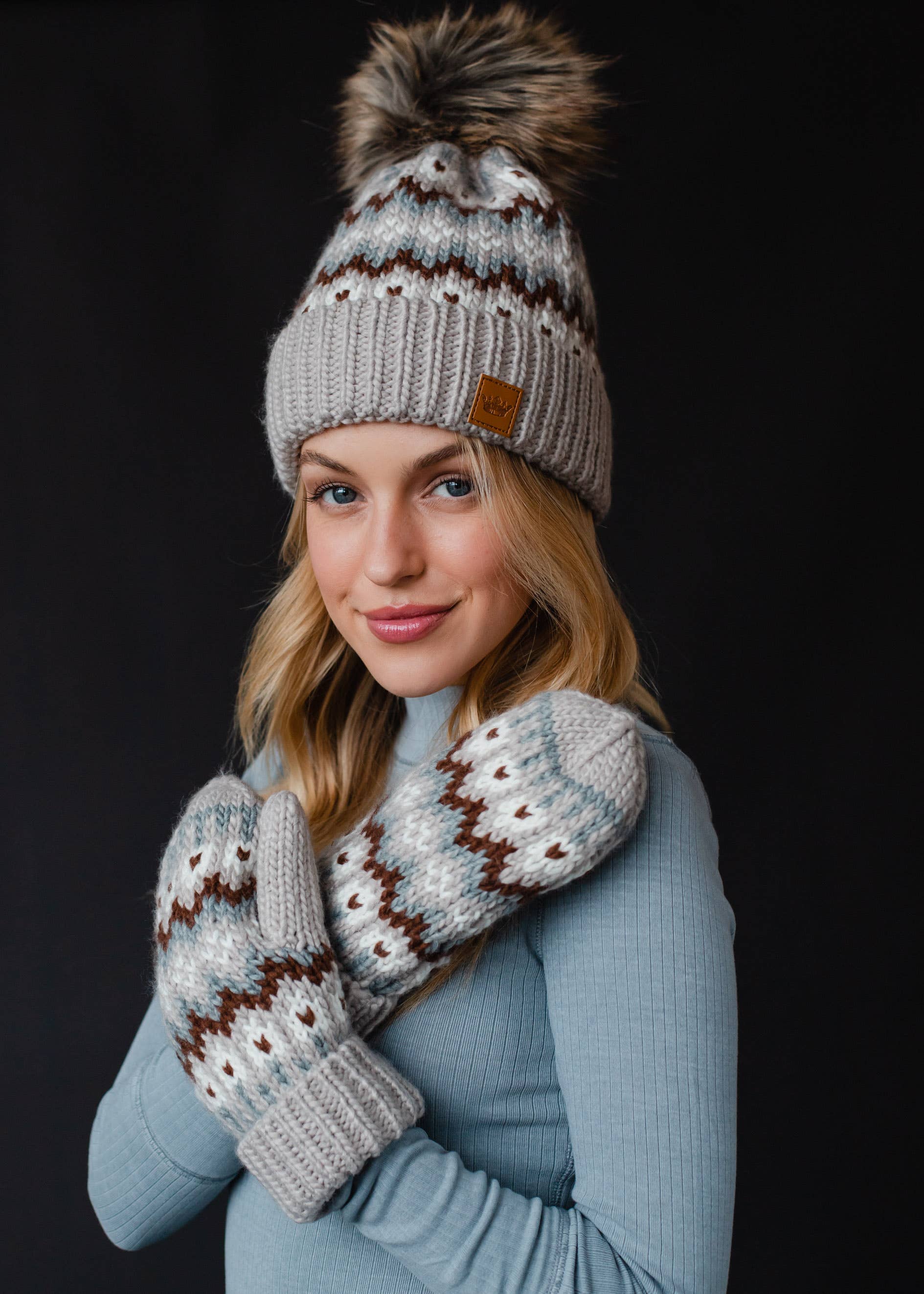 Taupe, Brown & White Winter Pattern Pom Hat