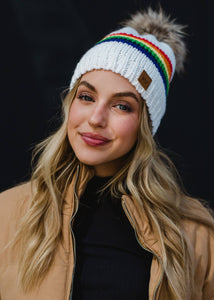 White & Rainbow Striped Pom Hat