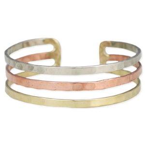 3 Line Mixed Metal Hammered Cuff Bracelet