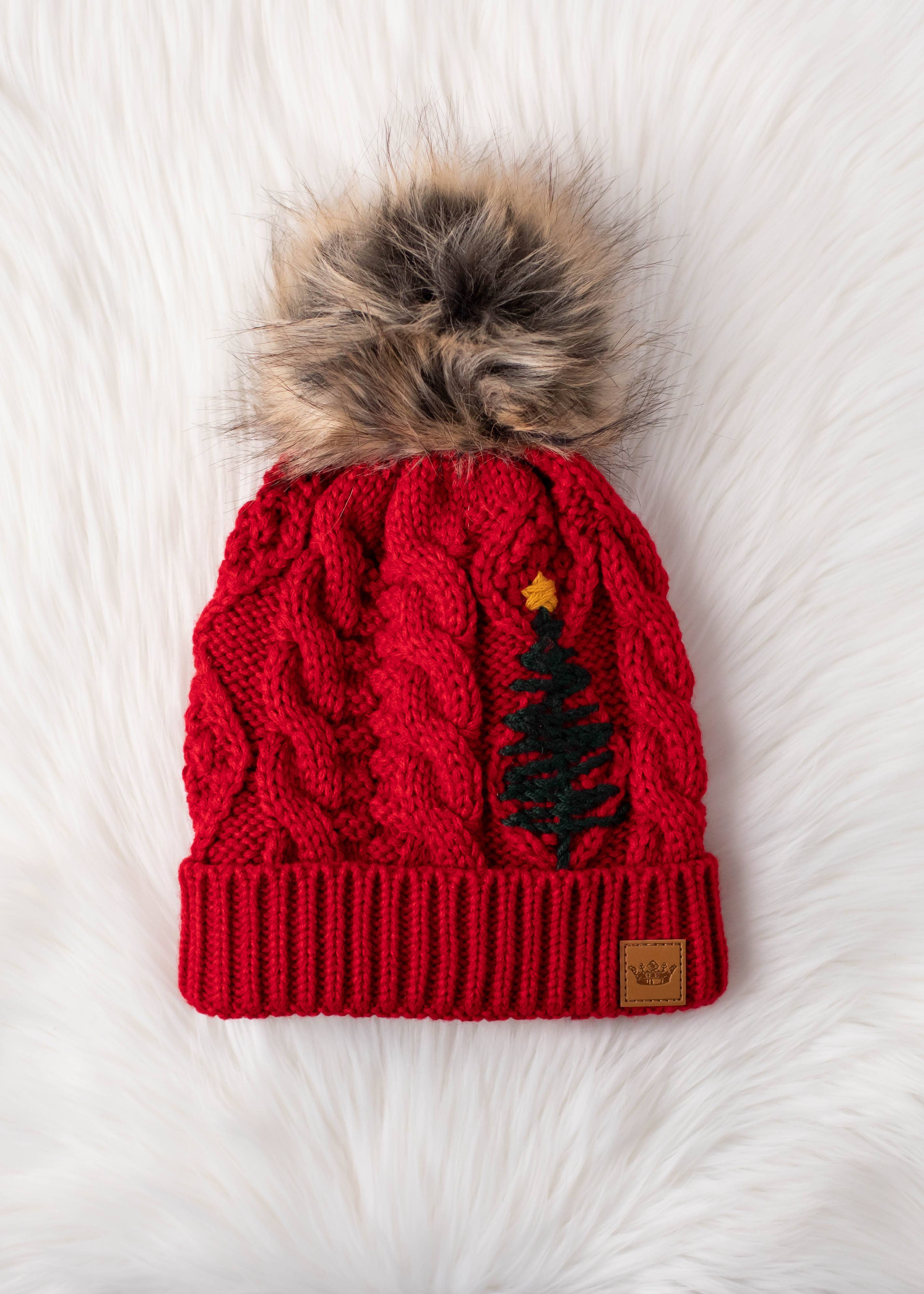 Red Cable Knit Pom Hat w/ Embroidered Tree