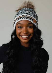 White, Black & Tan Patterned Pom Hat