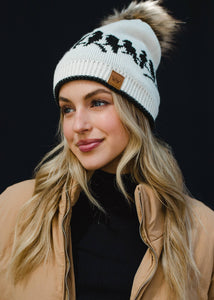 Beige & Charcoal Bird Pattern Pom Hat