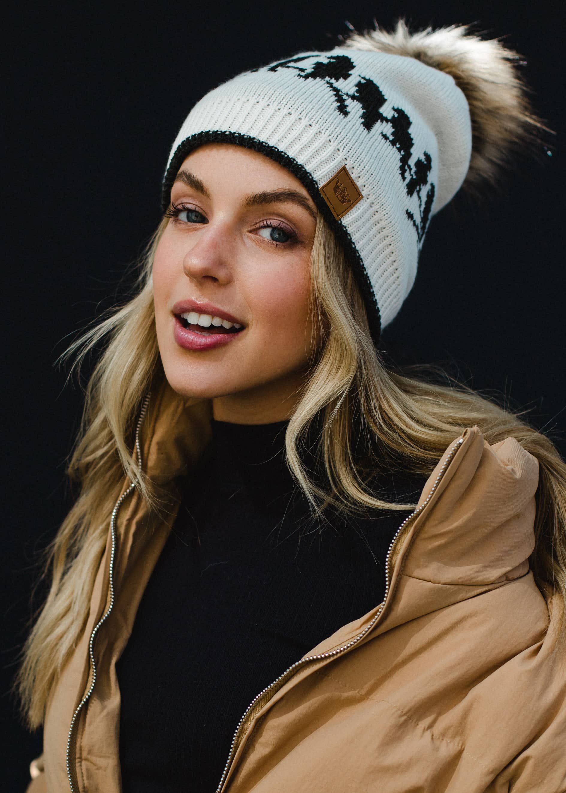 Beige & Charcoal Bird Pattern Pom Hat