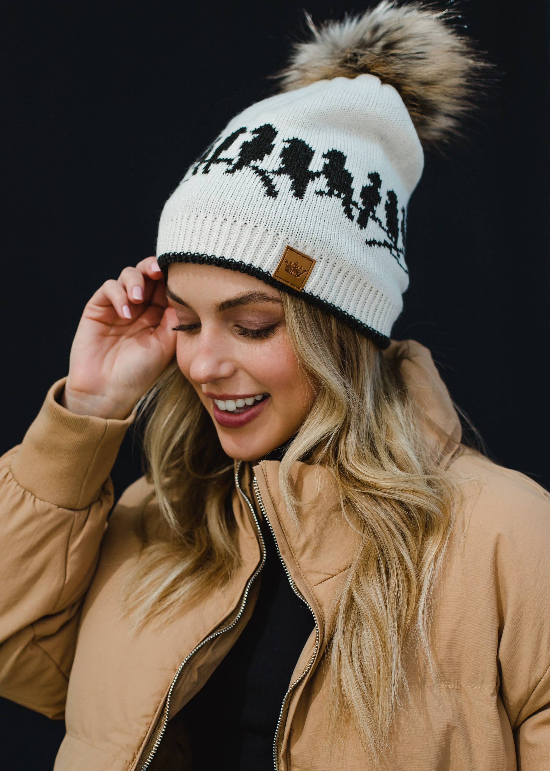 Beige & Charcoal Bird Pattern Pom Hat