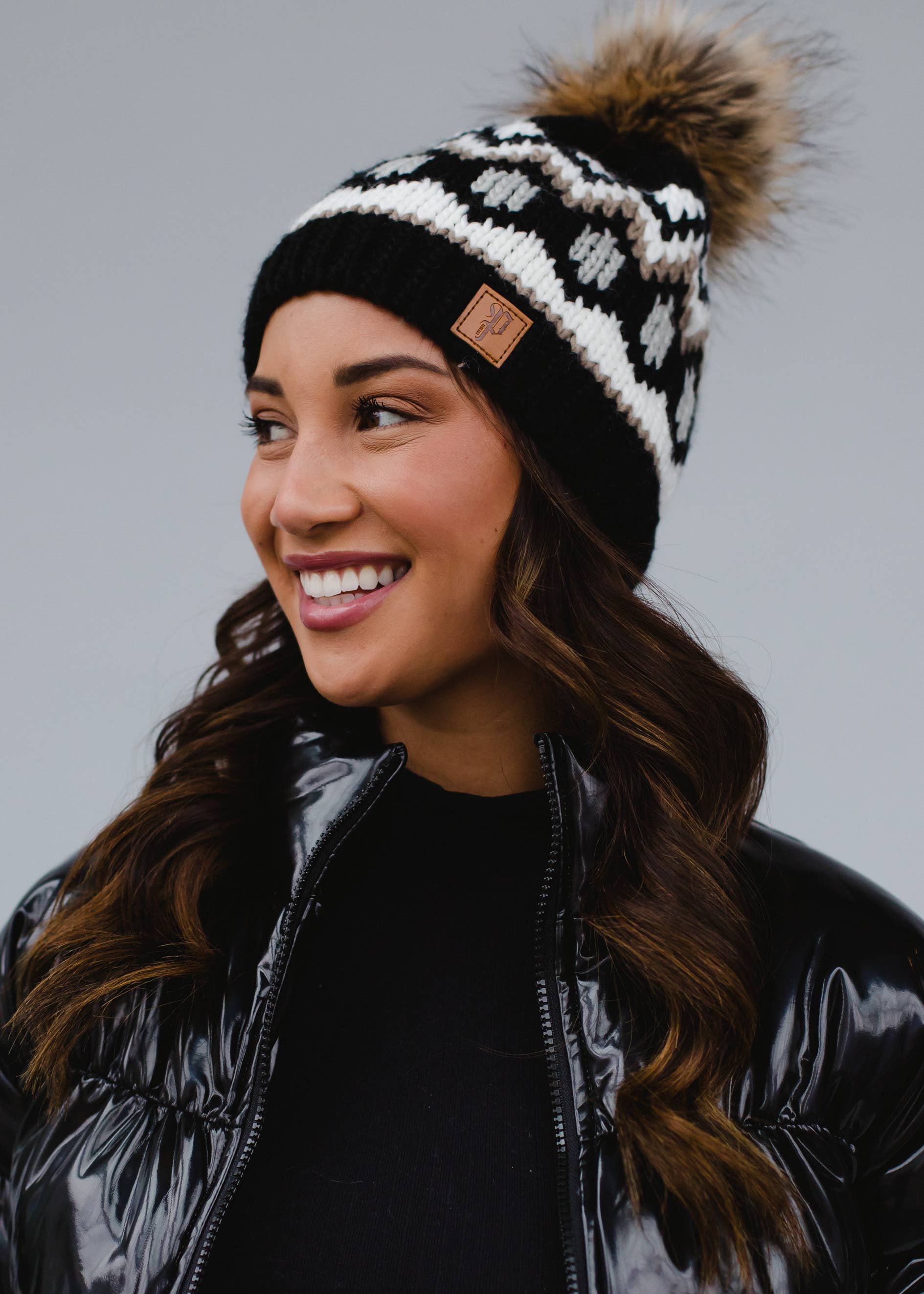 Black, White & Tan Patterned Pom Hat