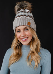 Taupe, Brown & White Winter Pattern Pom Hat