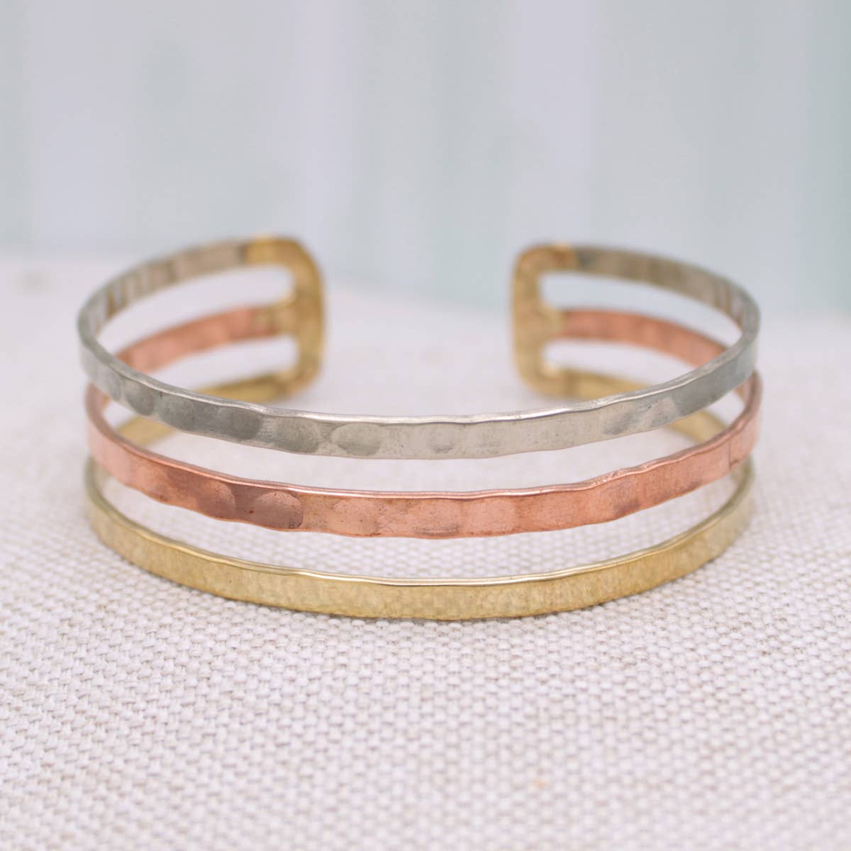 3 Line Mixed Metal Hammered Cuff Bracelet