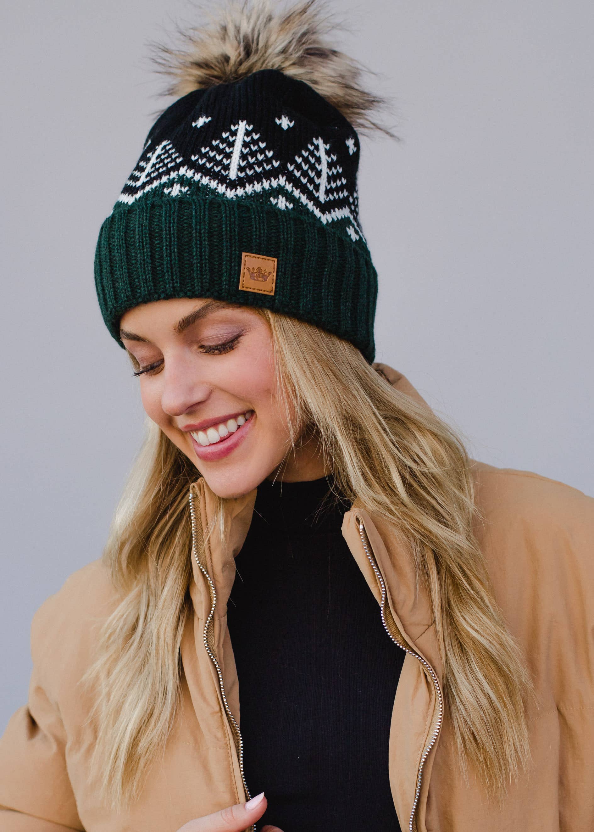 Dk. Green, Black & White Fair Isle Pom Hat