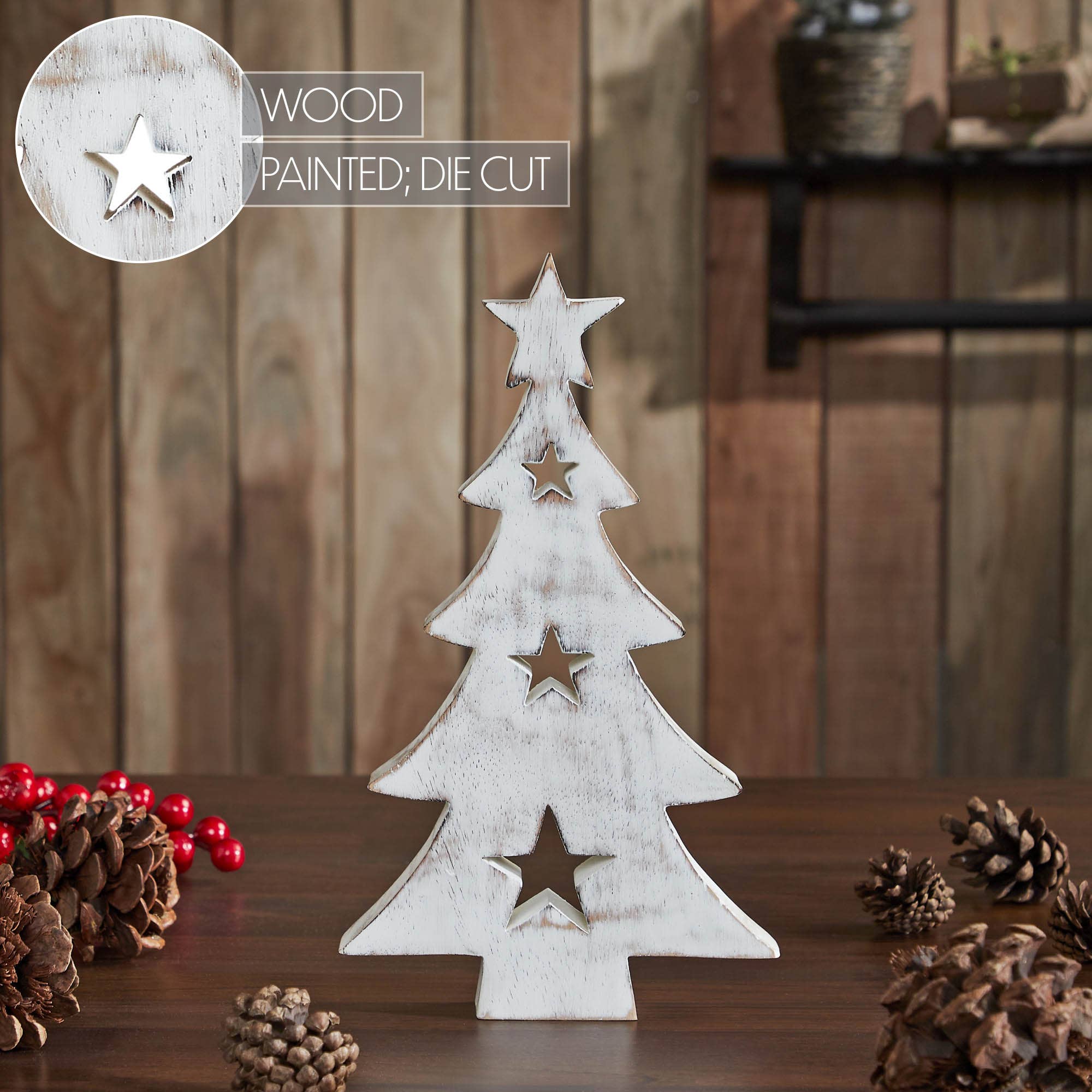 Christmas Tree w/ Stars White Wooden Figurine