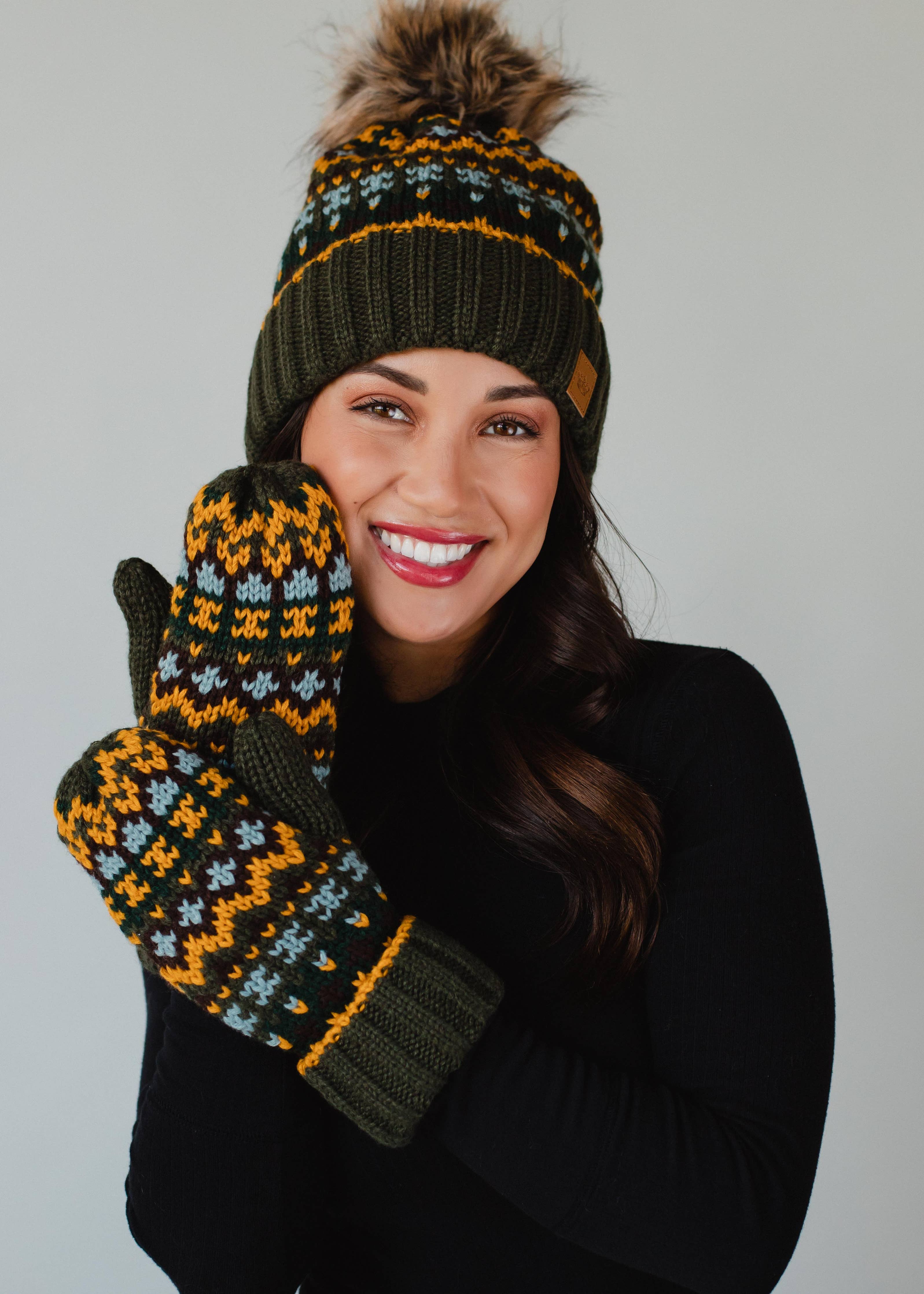 Olive & Multicolored Patterned Pom Hat