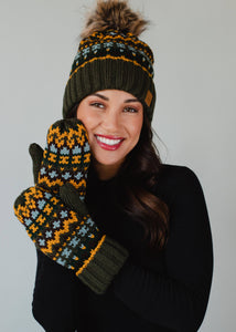 Olive & Multicolored Patterned Pom Hat