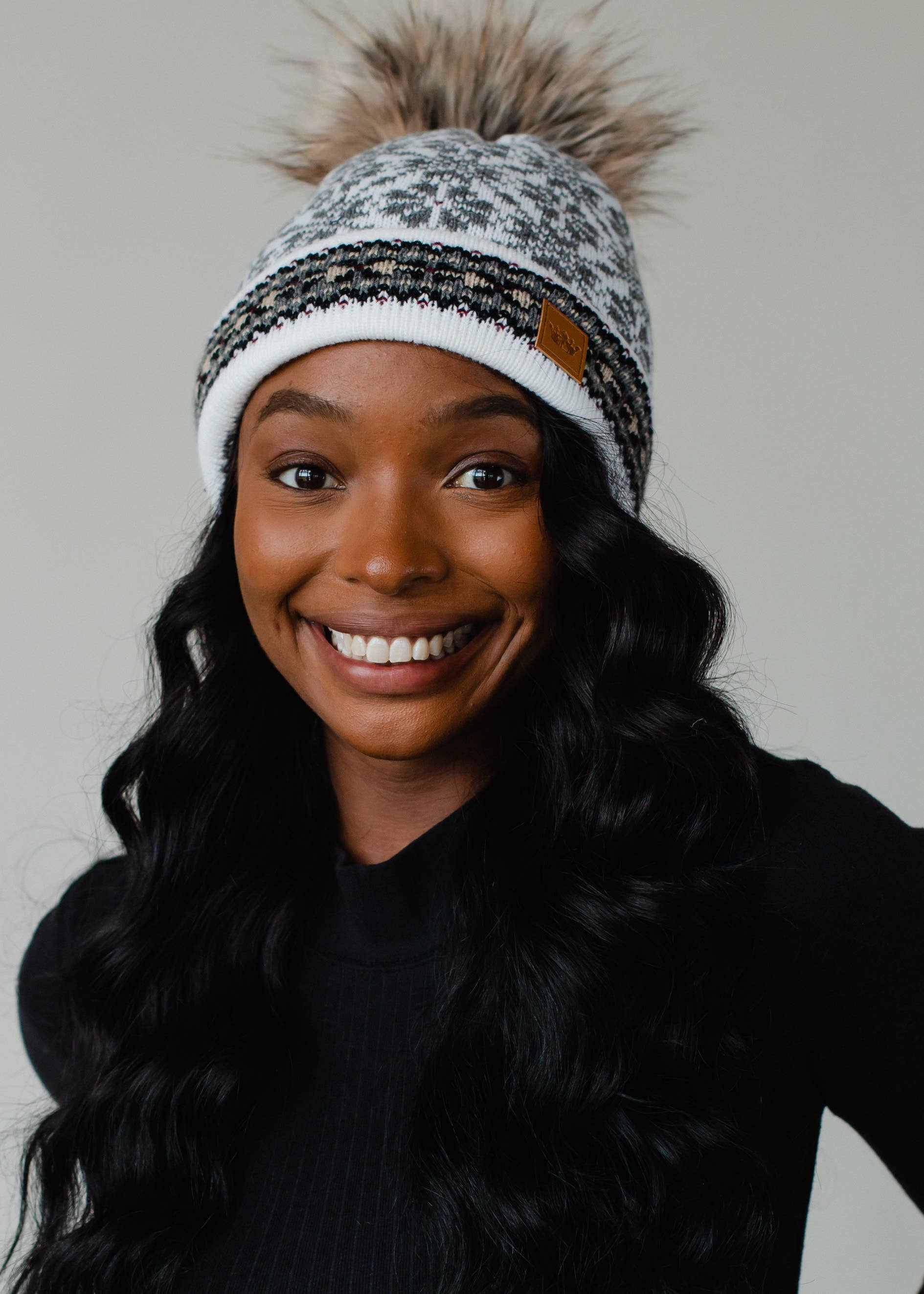 White, Gray & Burgundy Patterned Pom Hat