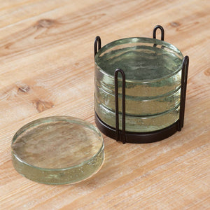 Set of Four Blocked Glass Coasters & Caddy