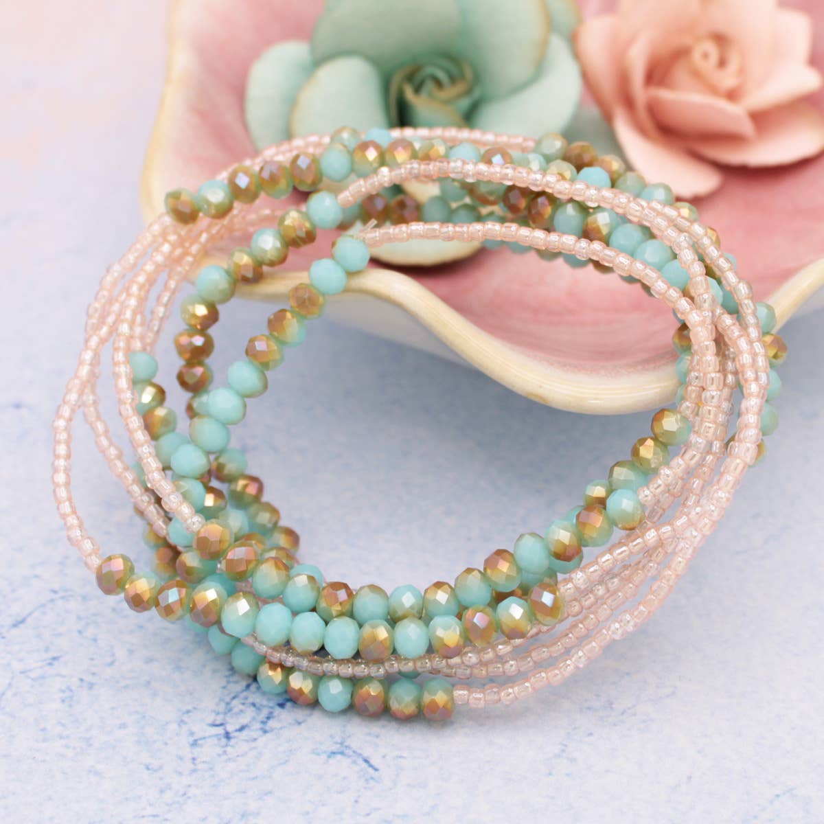 Blue Peach Bead Stretch Wrap Bracelet or Necklace