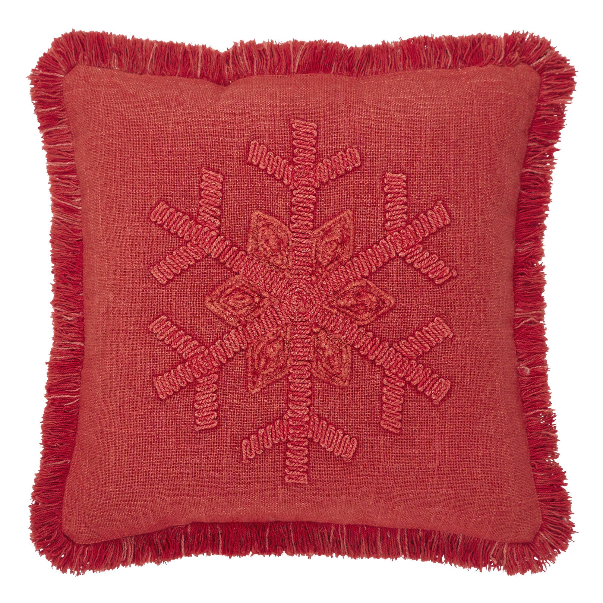 Red Snowflake Stone Washed Fringed Pillow 12"x12"