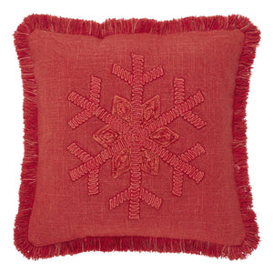 Red Snowflake Stone Washed Fringed Pillow 12"x12"