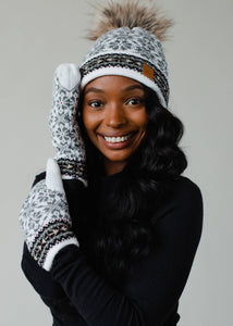 White, Gray & Burgundy Patterned Pom Hat