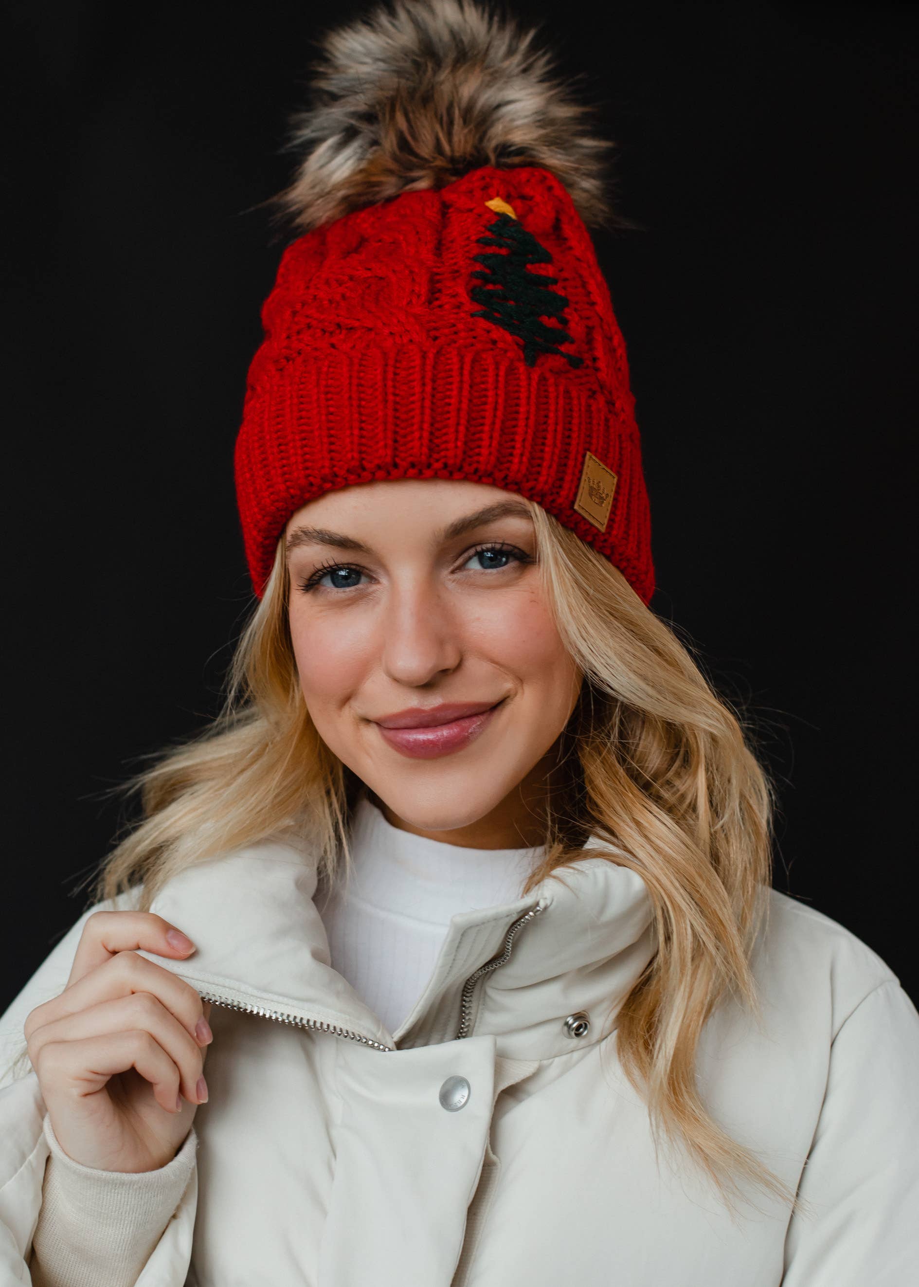 Red Cable Knit Pom Hat w/ Embroidered Tree