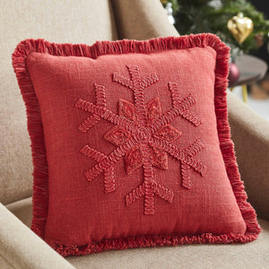 Red Snowflake Stone Washed Fringed Pillow 12"x12"