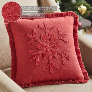 Red Snowflake Stone Washed Fringed Pillow 12"x12"