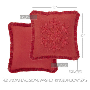 Red Snowflake Stone Washed Fringed Pillow 12"x12"