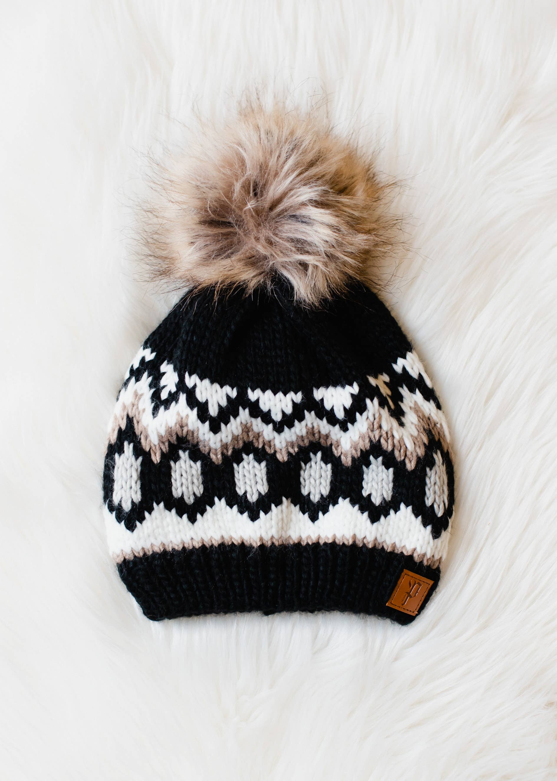 Black, White & Tan Patterned Pom Hat