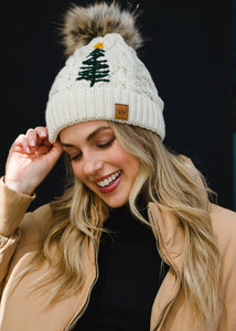 Beige Cable Knit Pom Hat w/ Embroidered Tree