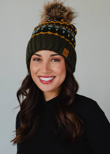 Olive & Multicolored Patterned Pom Hat