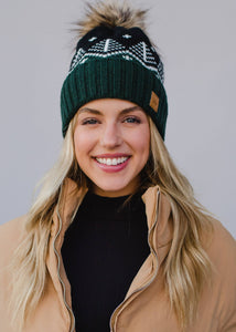 Dk. Green, Black & White Fair Isle Pom Hat