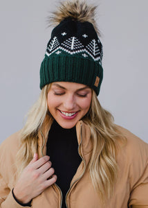 Dk. Green, Black & White Fair Isle Pom Hat