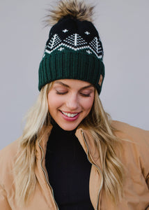 Dk. Green, Black & White Fair Isle Pom Hat