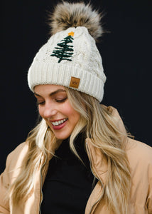 Beige Cable Knit Pom Hat w/ Embroidered Tree