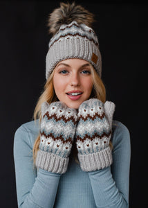 Taupe, Brown & White Winter Pattern Pom Hat