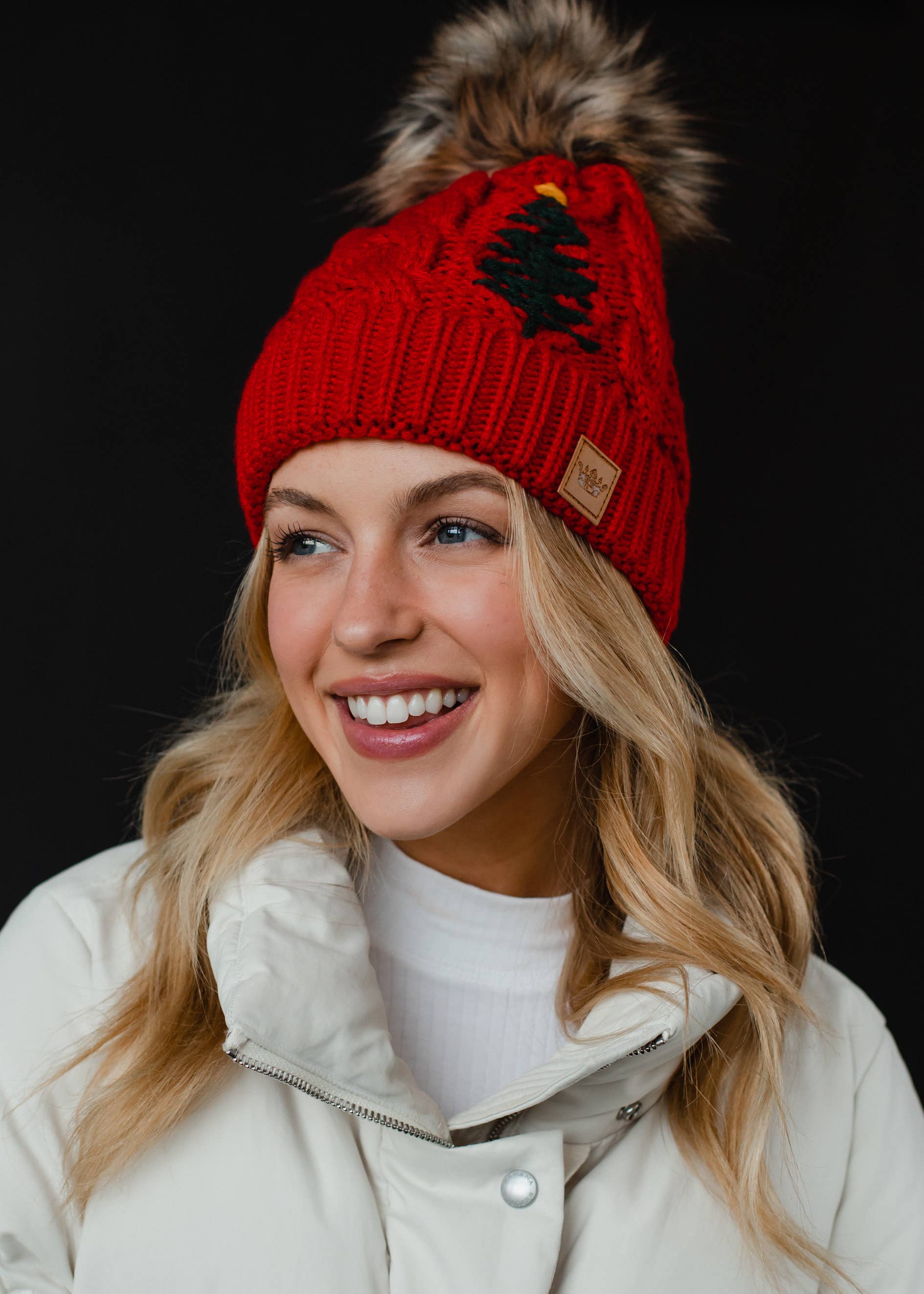 Red Cable Knit Pom Hat w/ Embroidered Tree