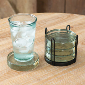 Set of Four Blocked Glass Coasters & Caddy