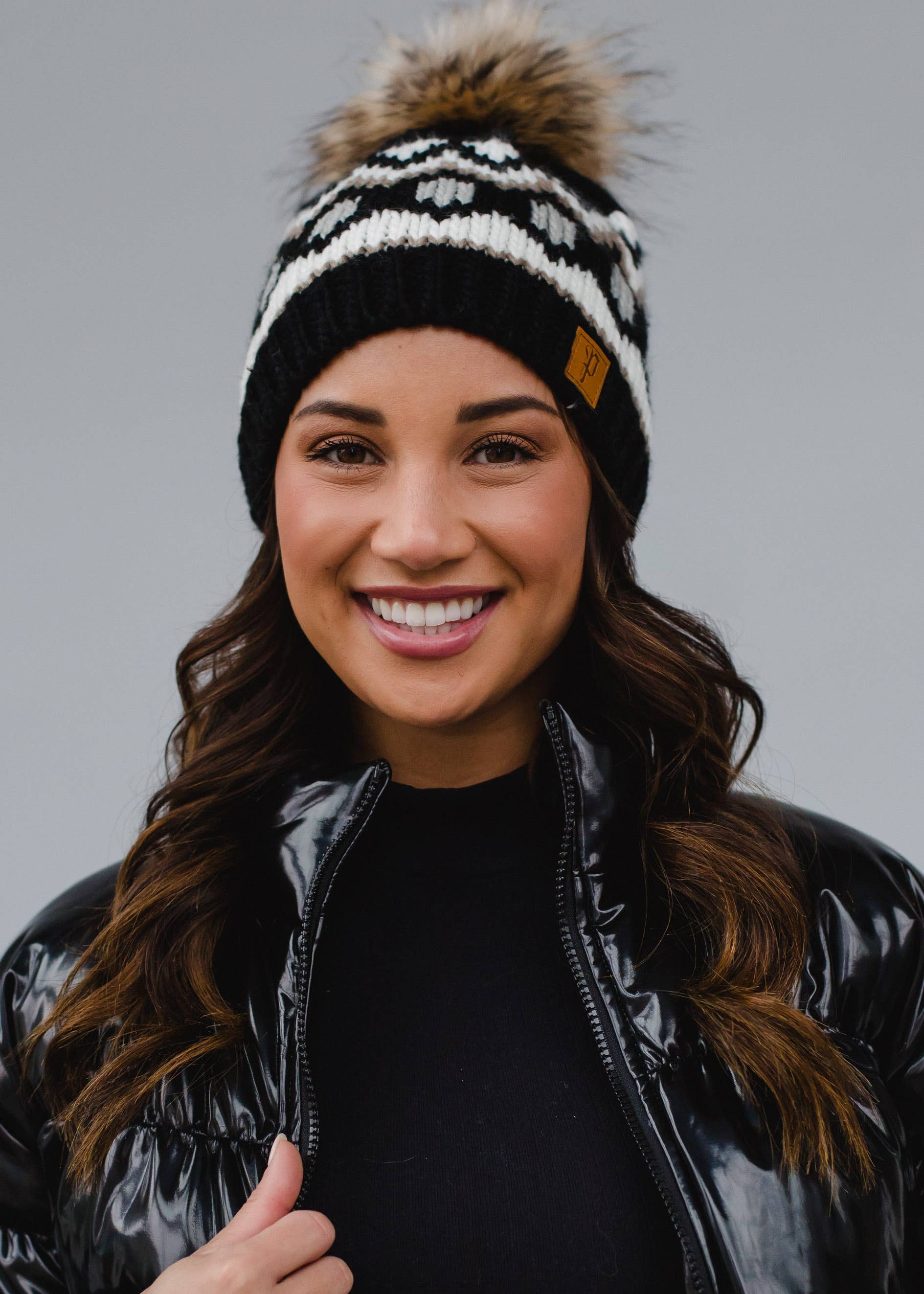 Black, White & Tan Patterned Pom Hat