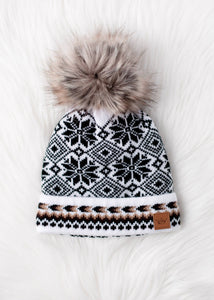 White, Black & Tan Patterned Pom Hat