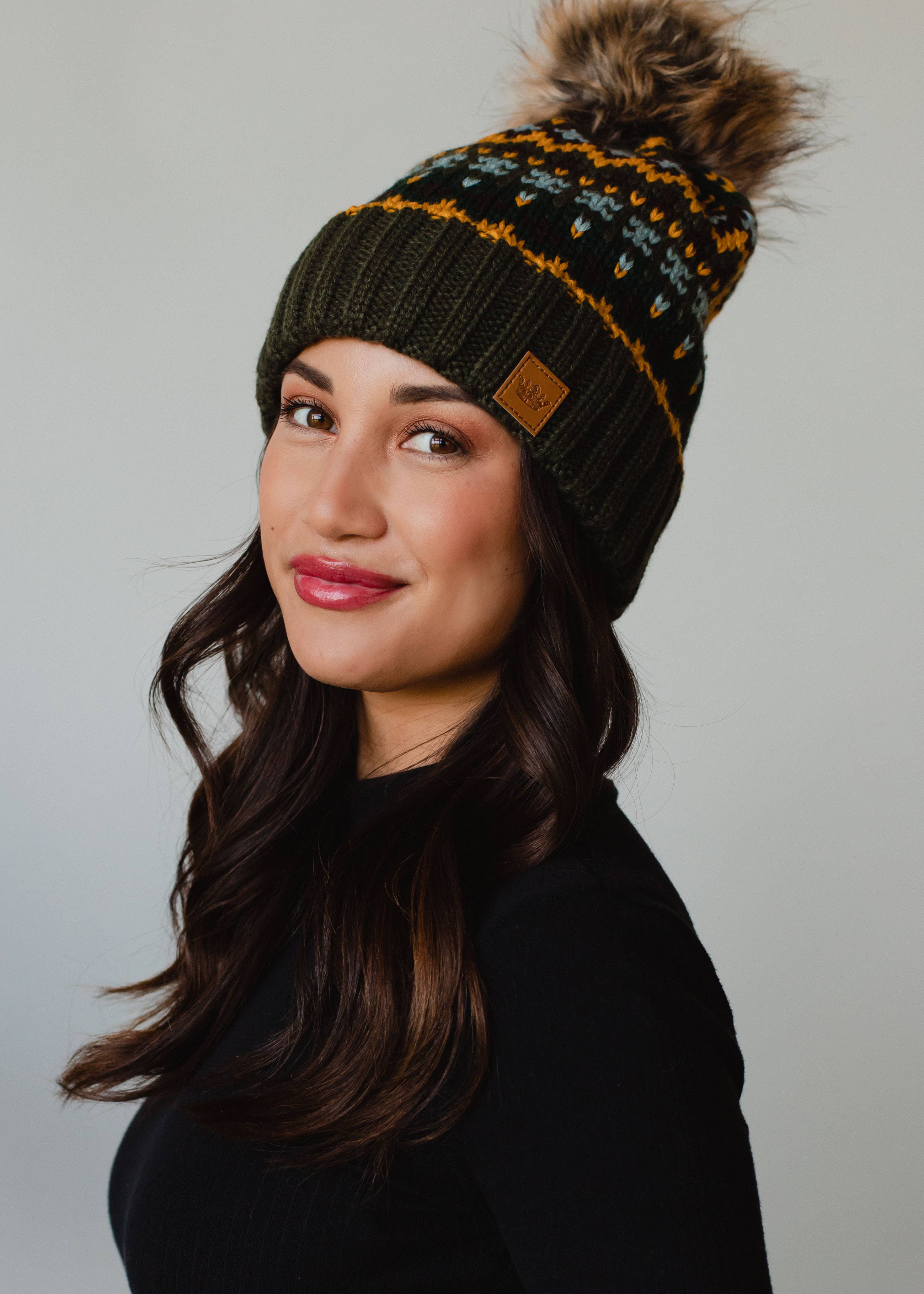 Olive & Multicolored Patterned Pom Hat