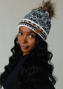 White, Black & Tan Patterned Pom Hat