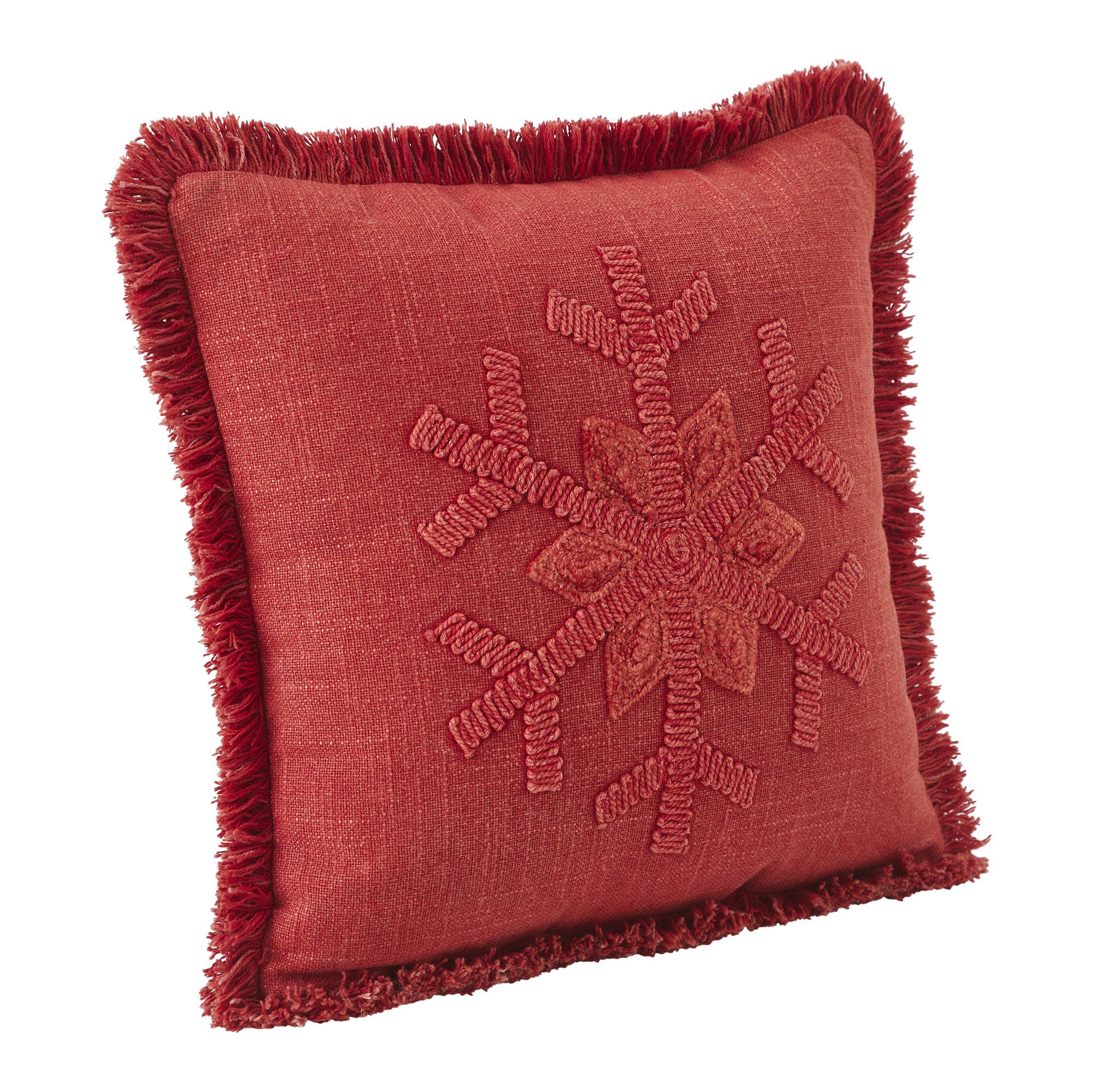 Red Snowflake Stone Washed Fringed Pillow 12"x12"