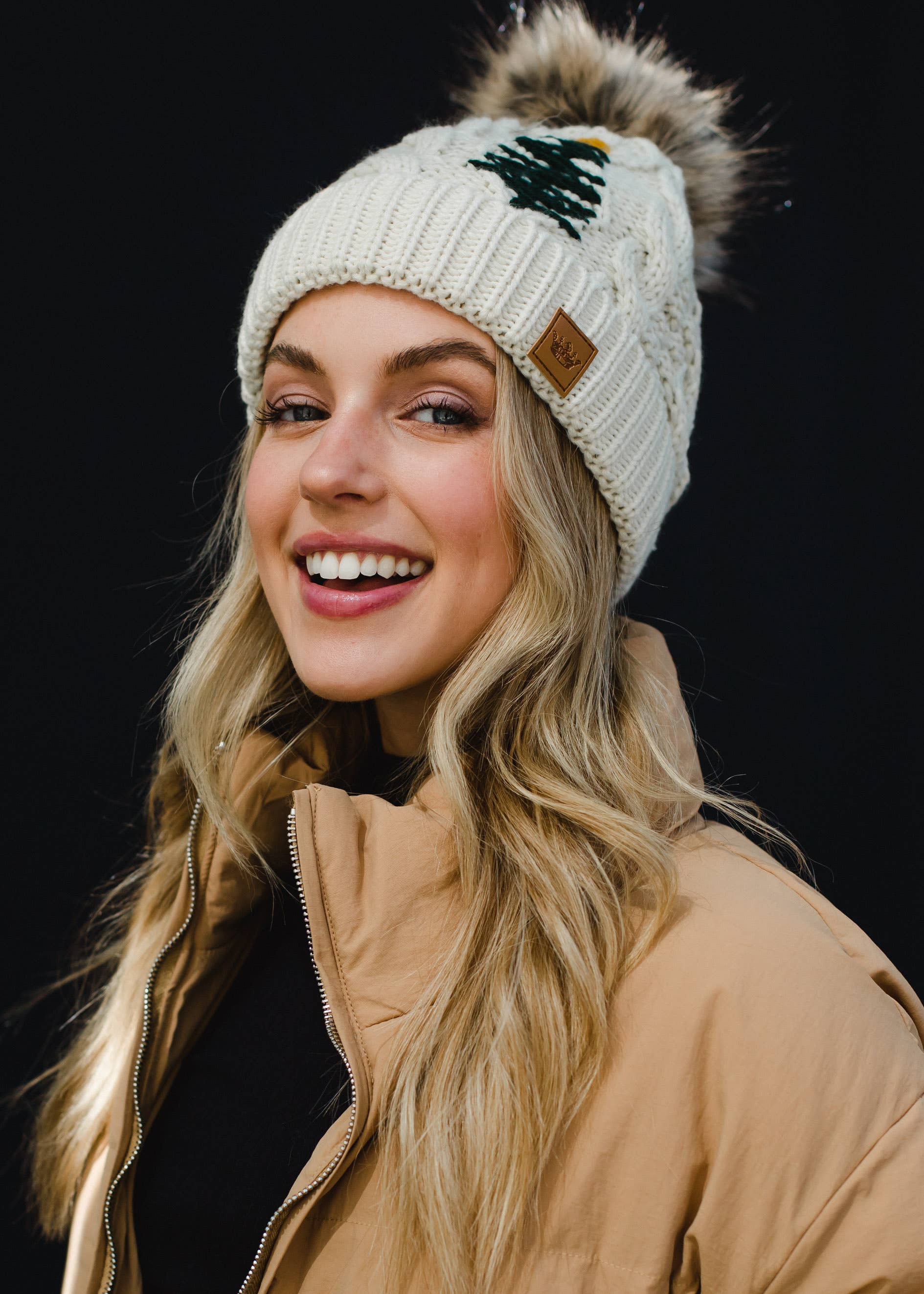 Beige Cable Knit Pom Hat w/ Embroidered Tree